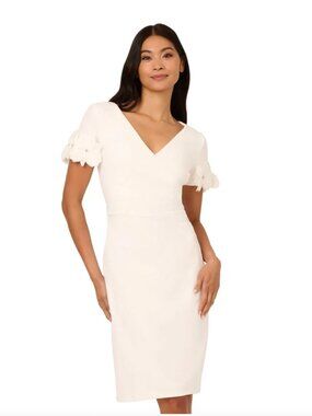 Adrianna Papell Crepe Faux Wrap Sheath Dress Floral Accent, Short Sleeves, Ivory